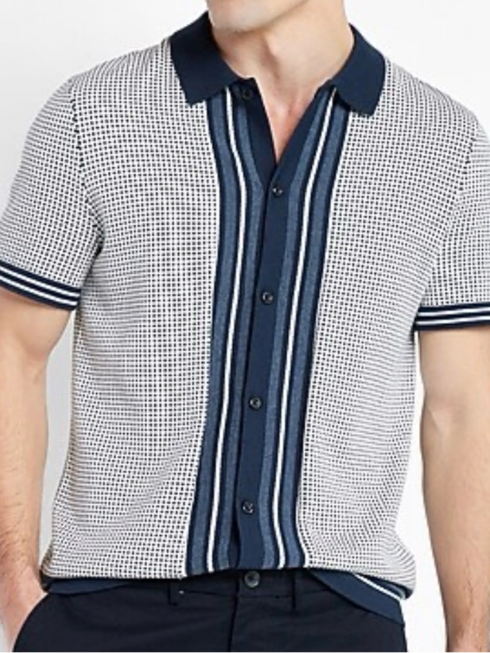 Express Navy and White Short Sleeve Knit Polo Shirt 100% cotton